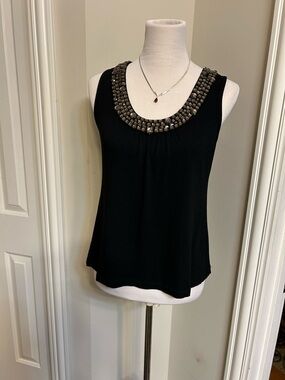 INC International Concepts Black Sleeveless Top with Beaded Collar